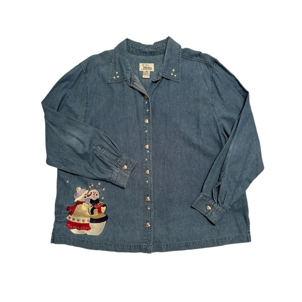 VTG CJ Banks Denim Holiday Shirt Button-Up 18 Embroidered Snow Women Sisters
